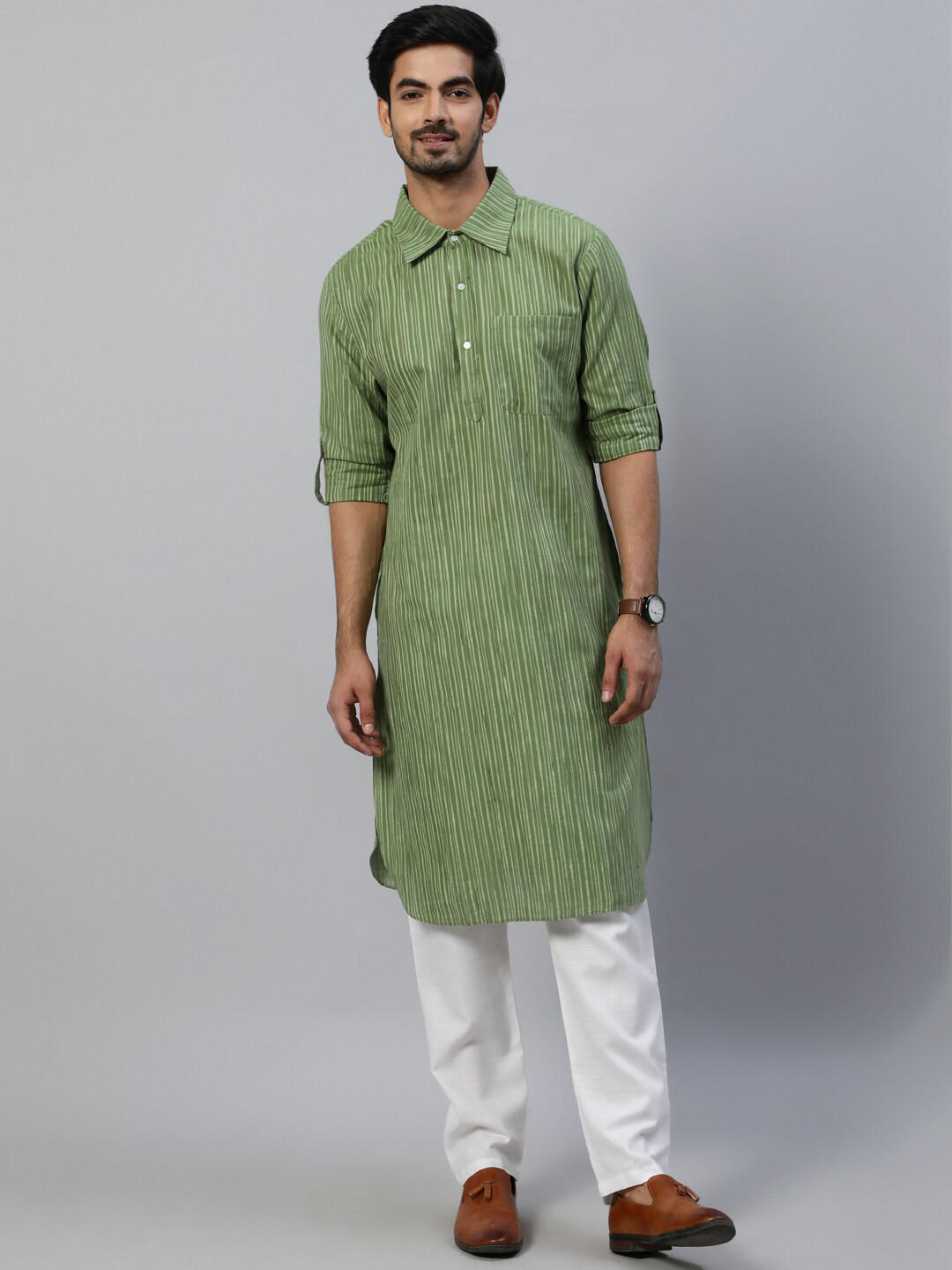 AKS Striped Roll-Up Sleeves Cotton Straight Kurta
