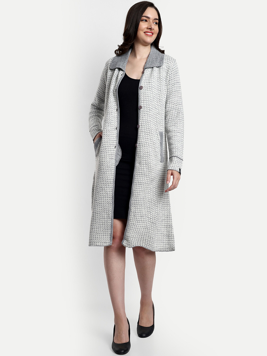 CREATIVE LINE Self Design Spread Collar Woolen Longline Over Coat