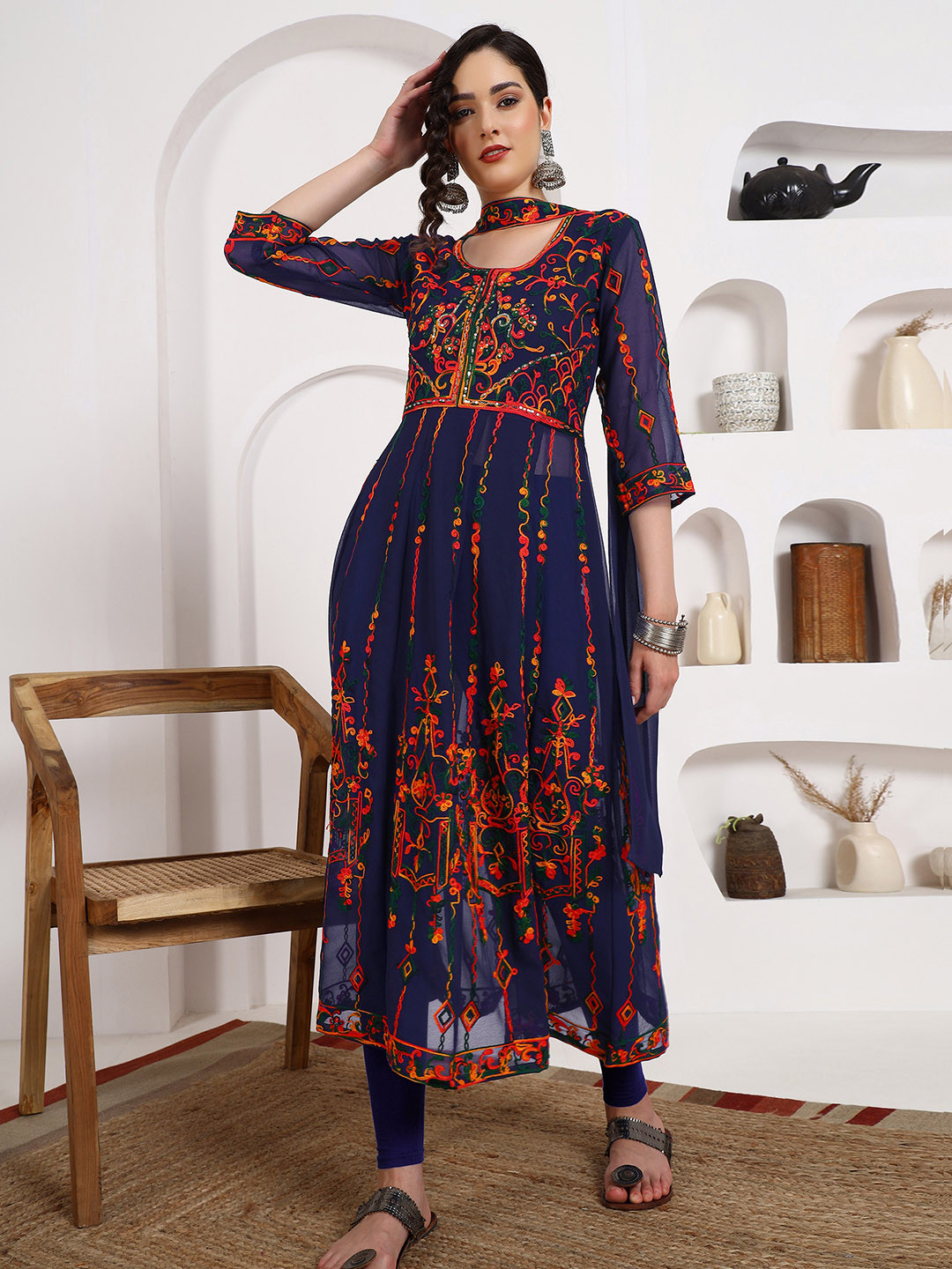 KALINI Georgette Chikankari Embroidery Anarkali Kurta With Dupatta