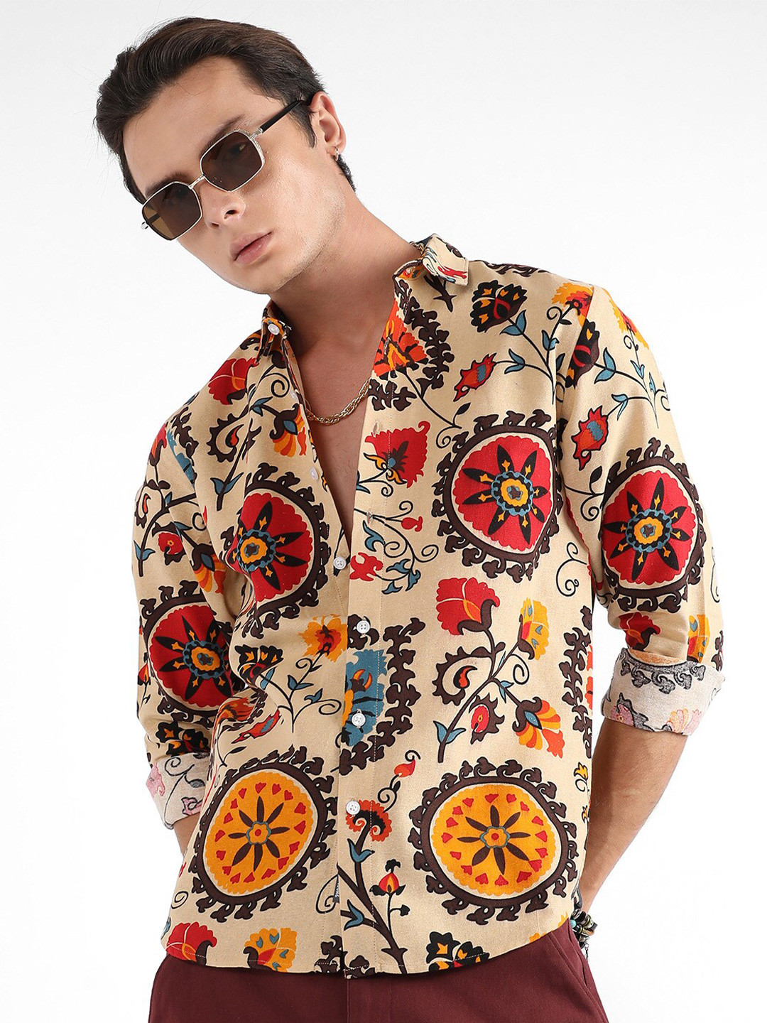 CAHOOT Classic Ethnic Motifs Printed Spread Collar Long Sleeve Cotton Casual Shirt