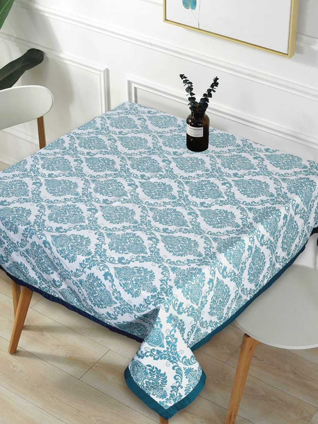INDHOME LIFE Sea Green & White Printed Cotton Square 4-Seater Table Cover