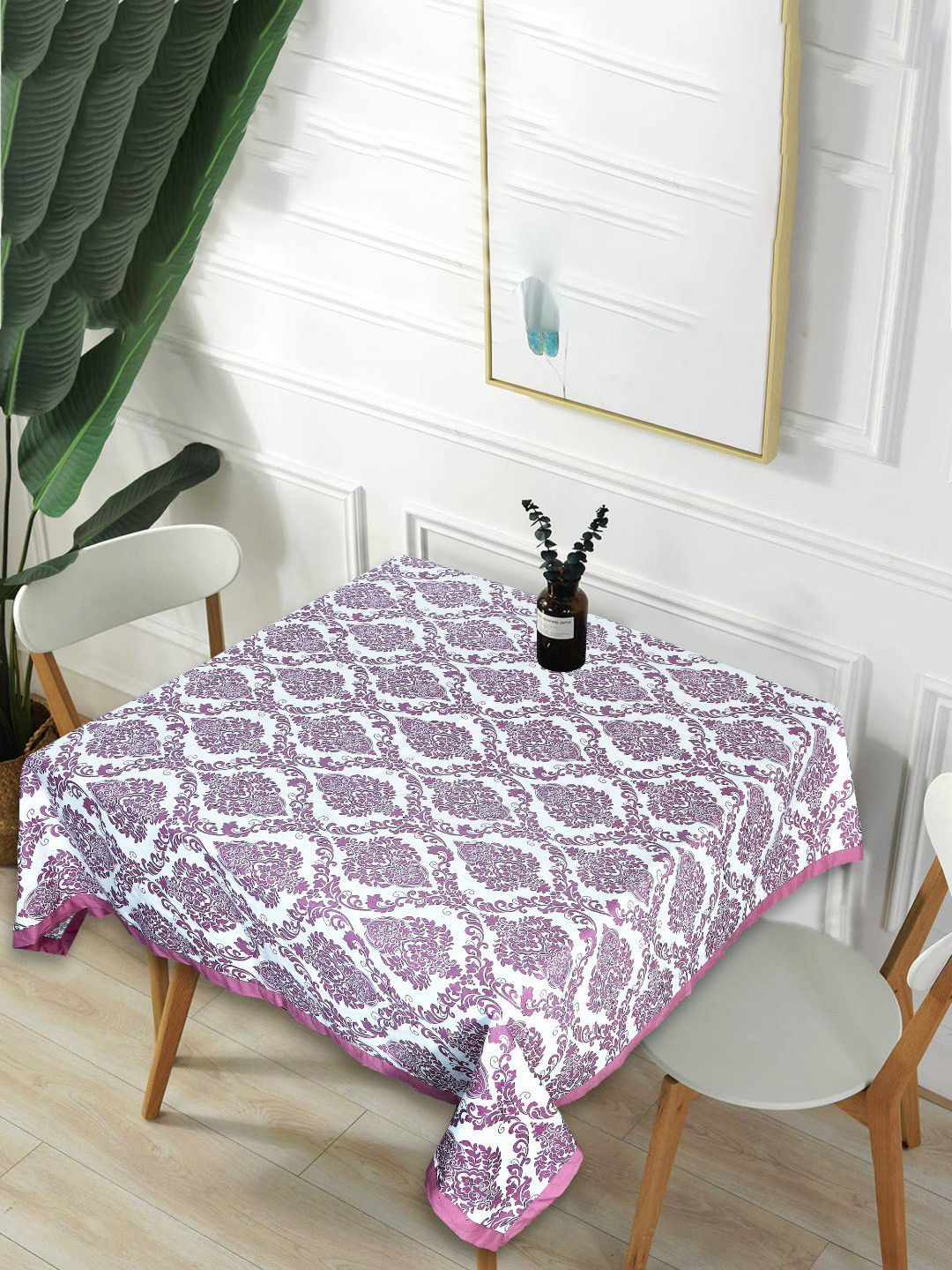 INDHOME LIFE Purple & White Printed Cotton Square 4-Seater Table Cover