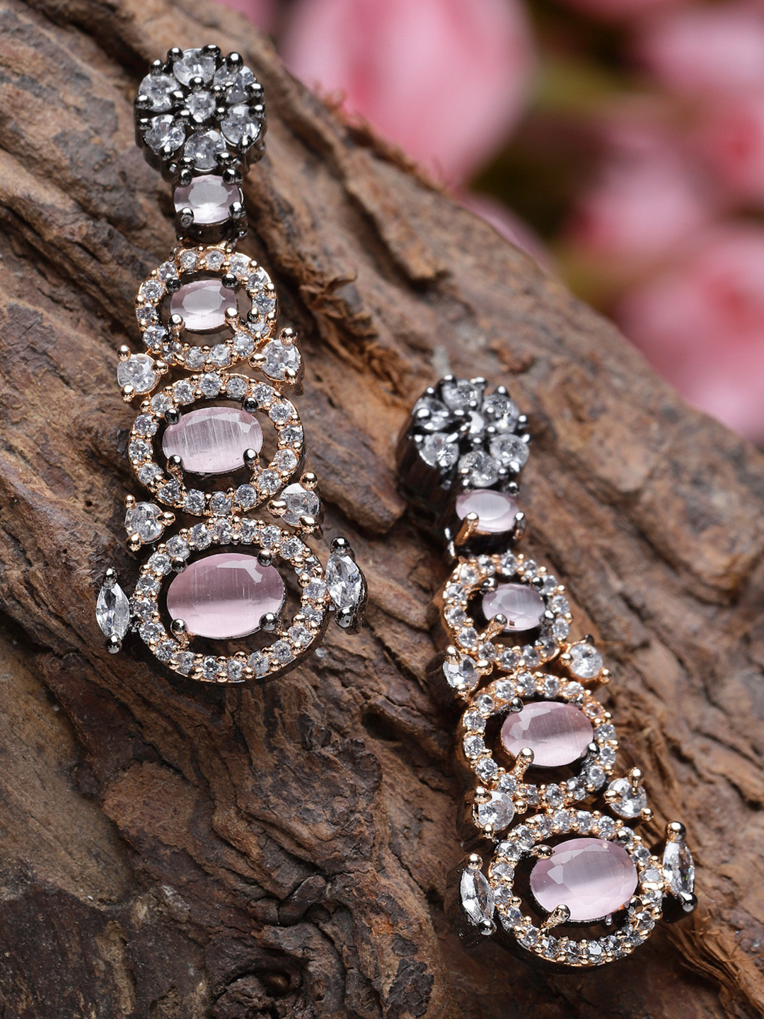 Rose Gold Plated Gunmetal Toned American Diamond Studded Pink Drop Earrings