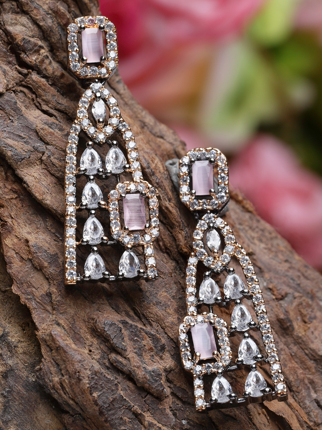 Rose Gold-Plated Gunmetal Toned American Diamond Studded Classic Earrings