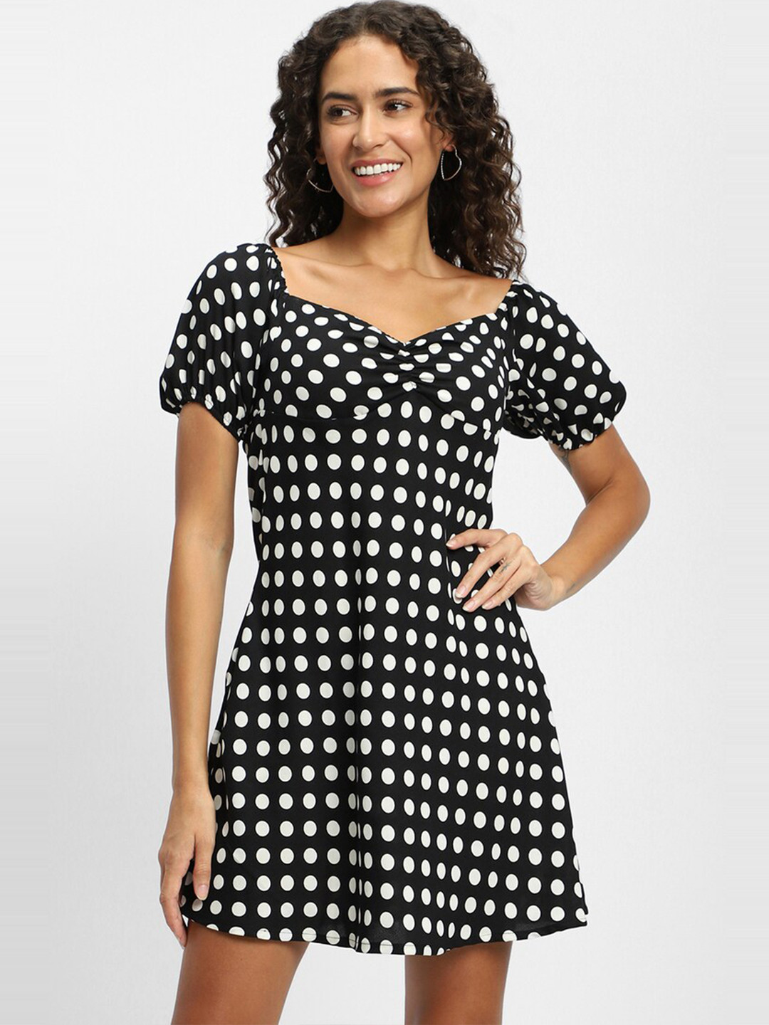 FOREVER 21 Polka Dot Printed Puff Sleeves A-Line Dress