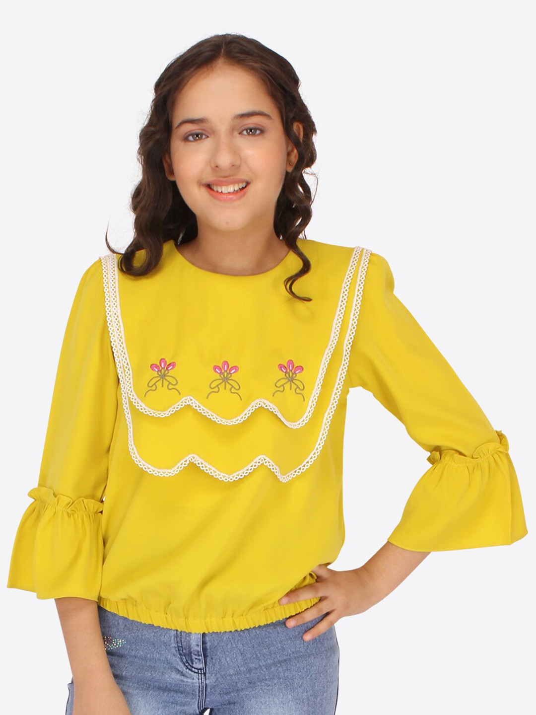 CUTECUMBER Floral Embroidered Round Neck Bell Sleeve Top