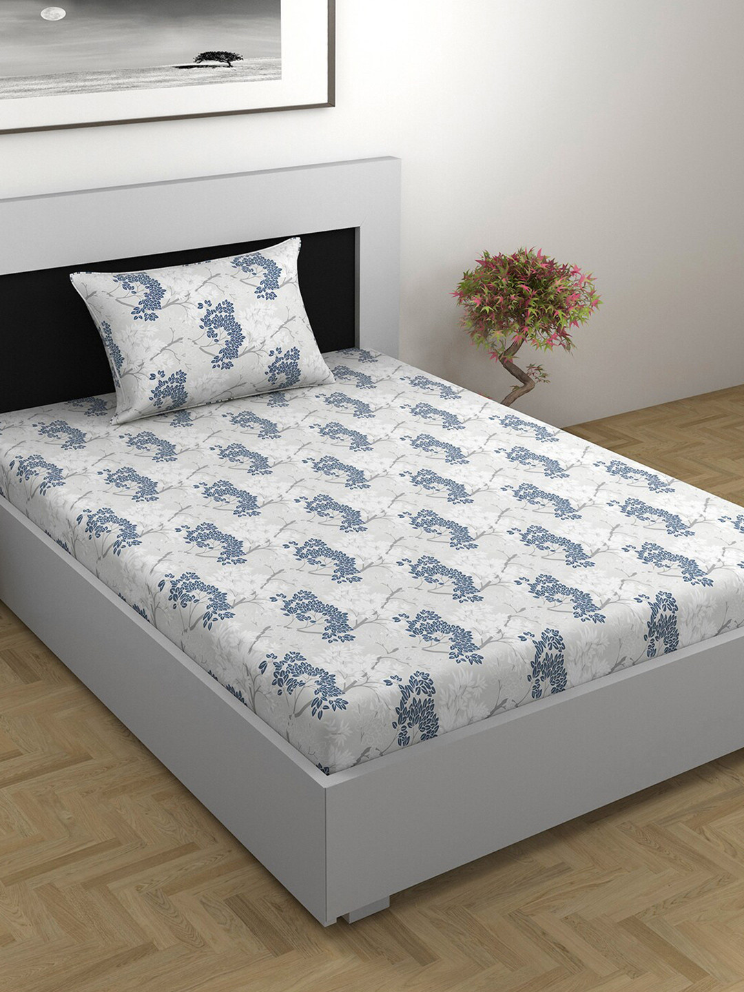 Divine Casa Prisham White Floral Cotton 144 TC Single Bedsheet with a Pillow Cover-88 x 57 inches