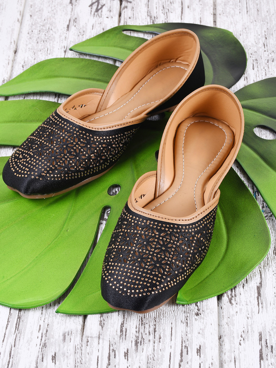 JM Looks Black Embellished Square Toe Mojaris Flats