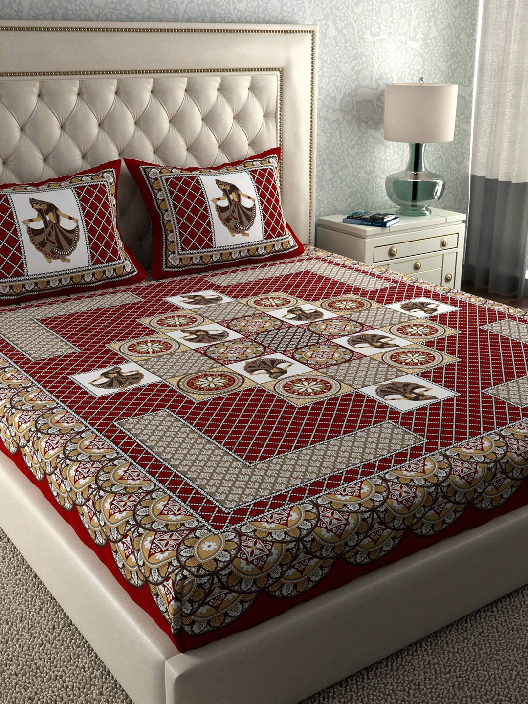 CLOTHOLOGY Red Gujri Red Ethnic Motifs Cotton 104 TC Queen Coarse Bedsheet with 2 Pillow Covers-59 x 87 inches
