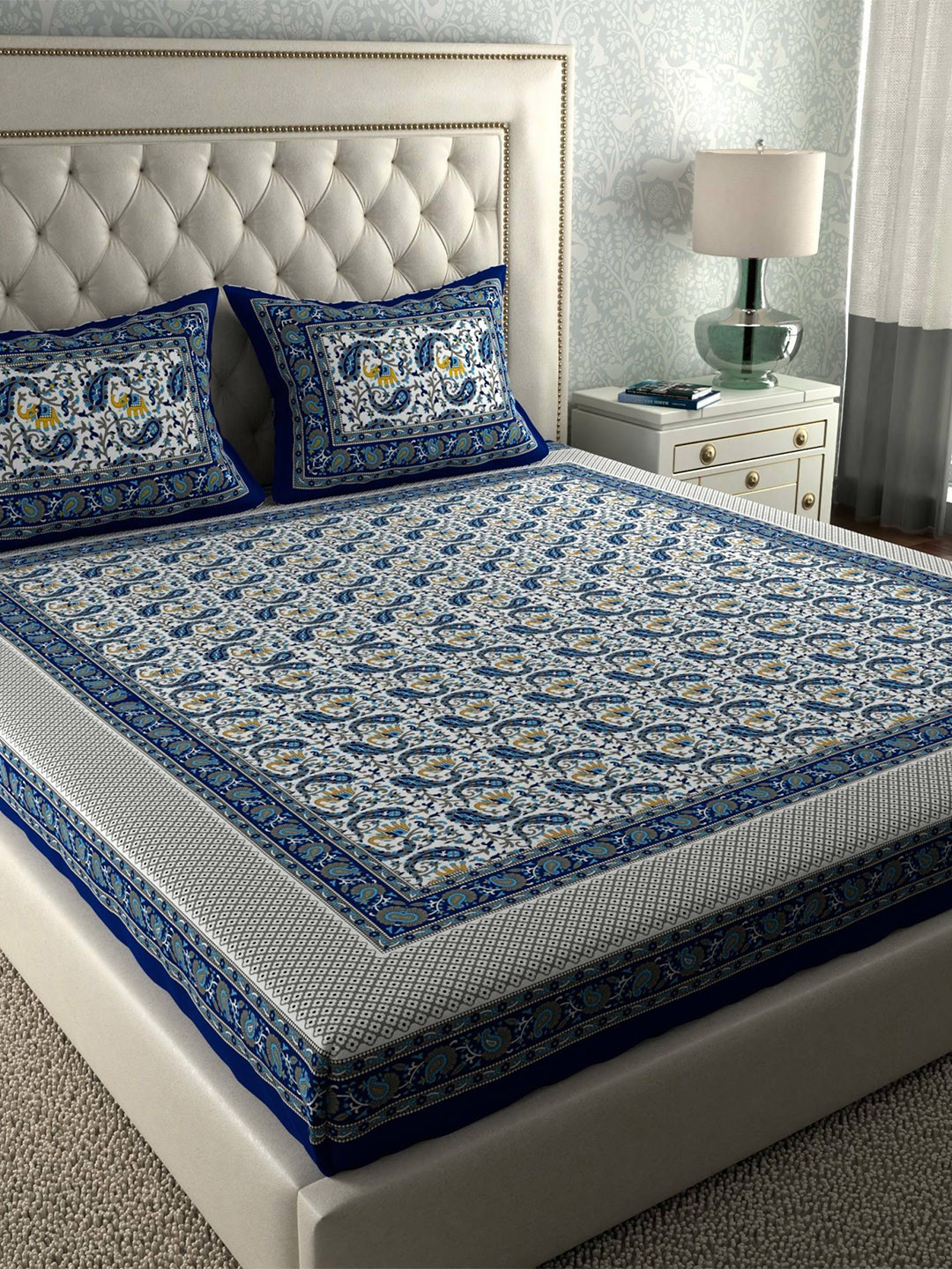 CLOTHOLOGY Kairy Blue Paisley Cotton 104 TC Queen Coarse Bedsheet with 2 Pillow Covers-210 x 235 cm