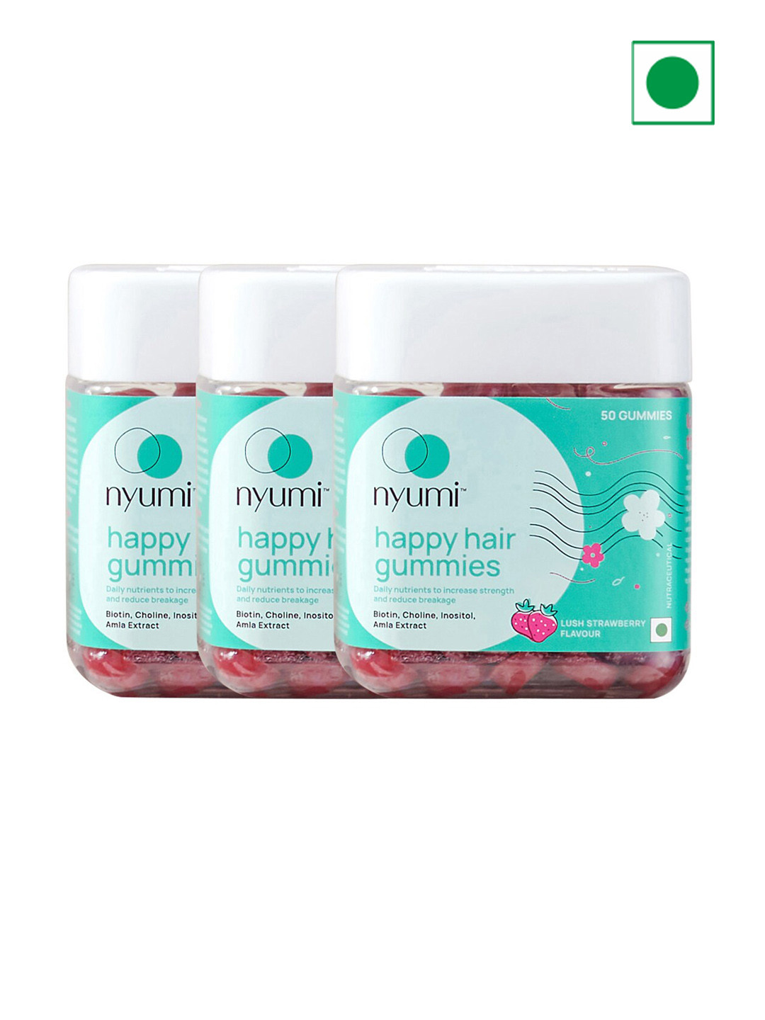 NYUMI Set of 3 Strawberry Biotin Hair Gummies for Strong & Shiny Hair - 50 Gummies Each