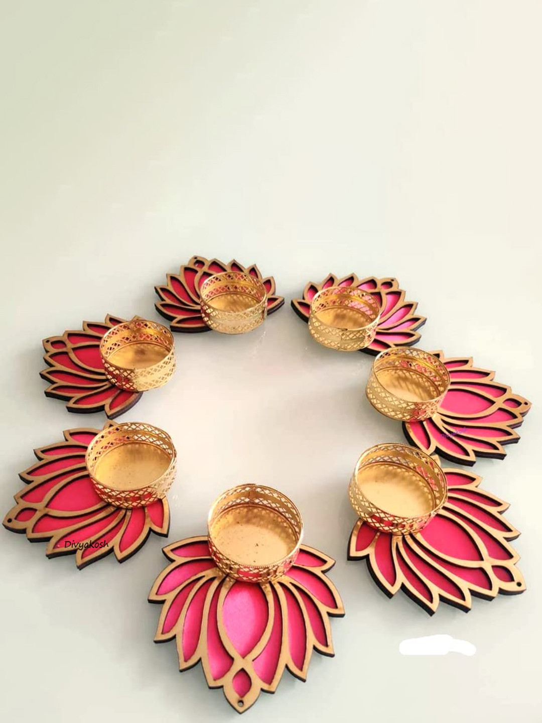 Divyakosh 7 Pcs Pink & Golden Lotus Tealight Holders with Candle Wax