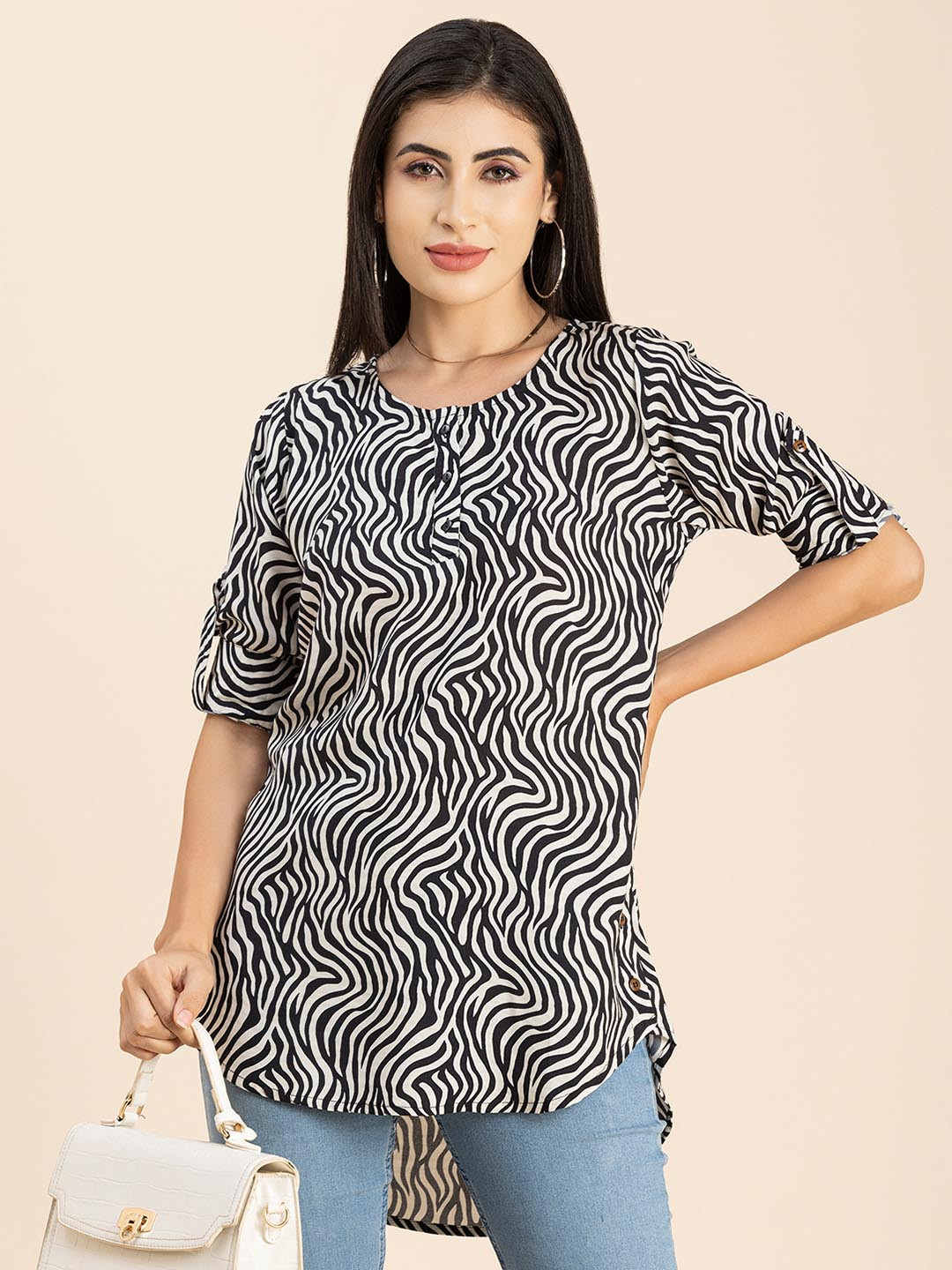 Moomaya Animal Printed Roll-Up Sleeves High-Low Top