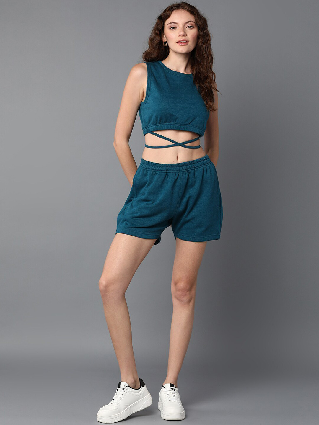 Roadster Shirt Collar Waist Tie-Ups Crop Top With Shorts