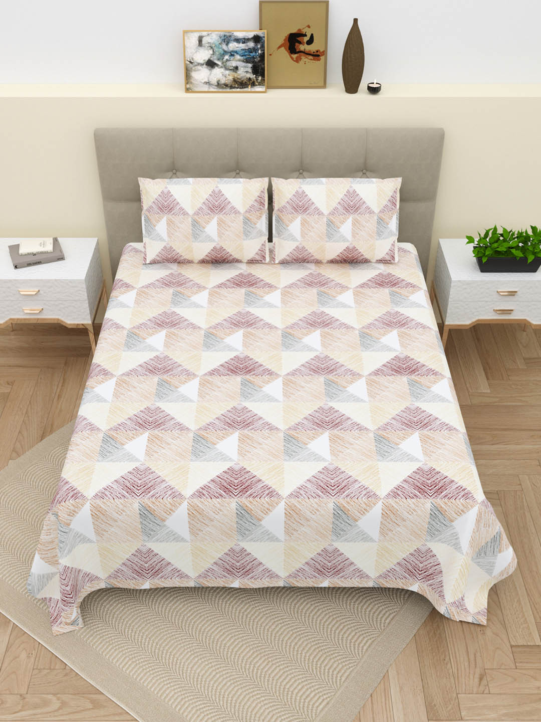 DREAM WEAVERZ White Geometric Pure Cotton 220 TC King Fine Bedsheet Set -275 x 250 cm