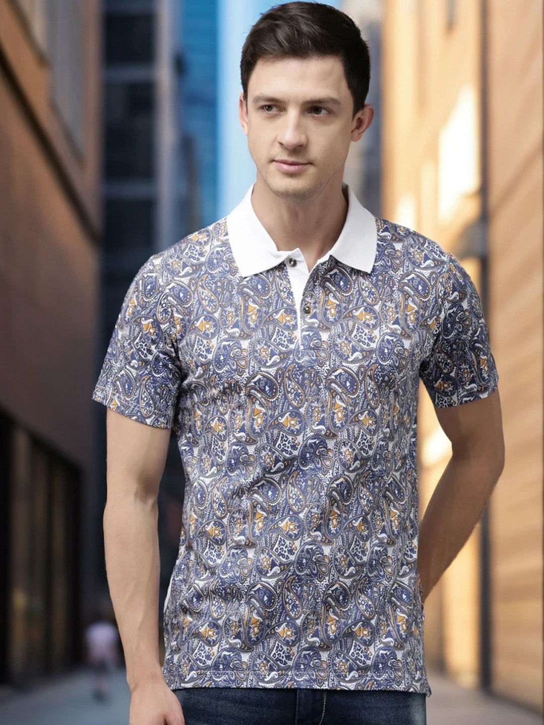 Kryptic Paisley Printed Polo Collar Pure Cotton T-shirt