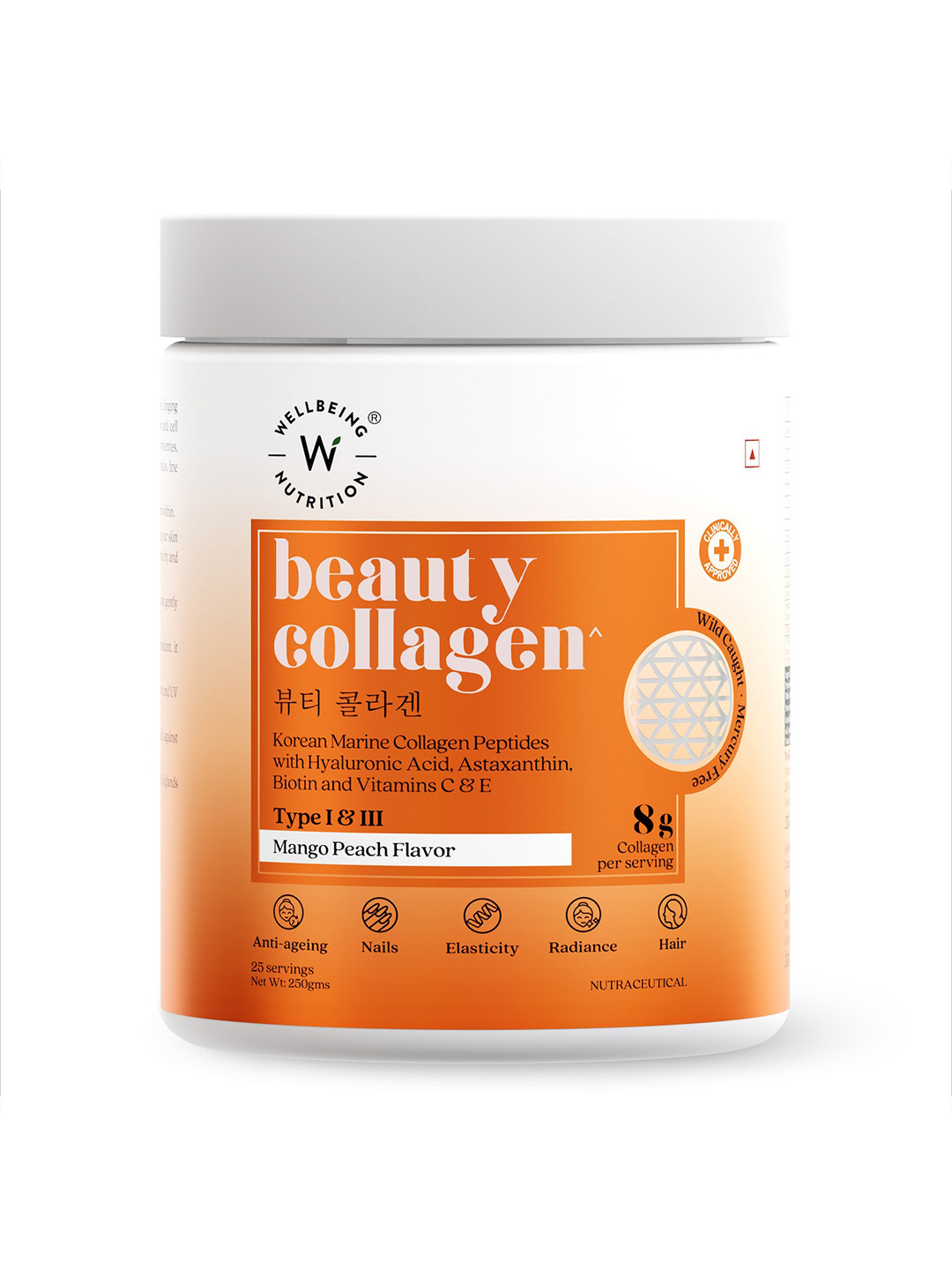 Wellbeing Nutrition Beauty Collagen Peptides HLA & Biotin - Mango Flavor - 250g