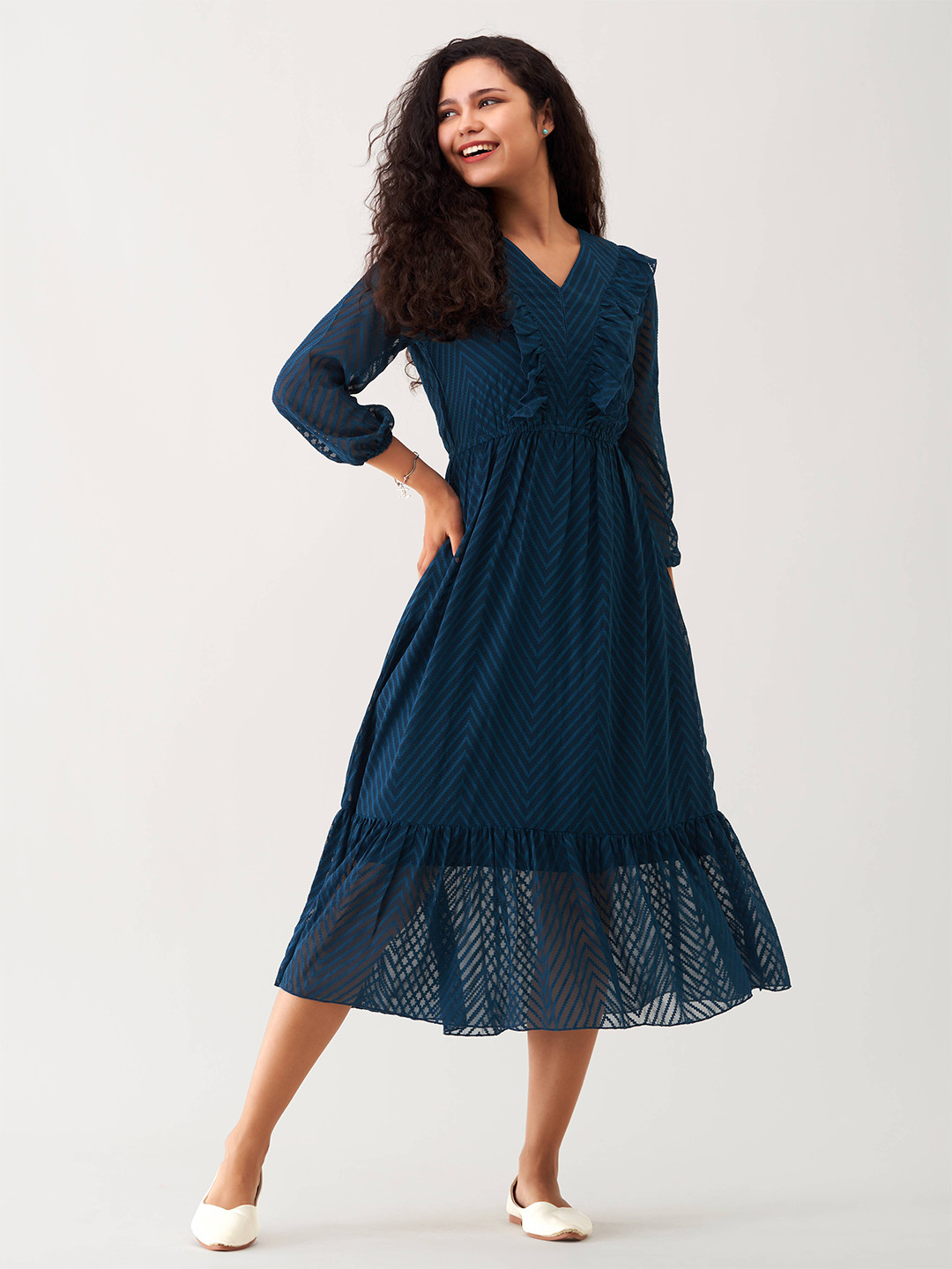 AASK Solid Teal Self Design Gathered Crepe Puff Sleeve Fit & Flare Midi Dress