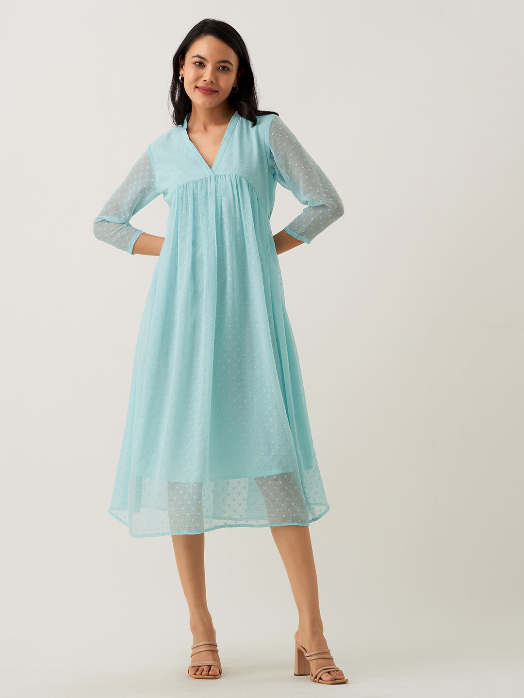 AASK Solid Blue Self Design Gathered Crepe A-Line Midi Dress