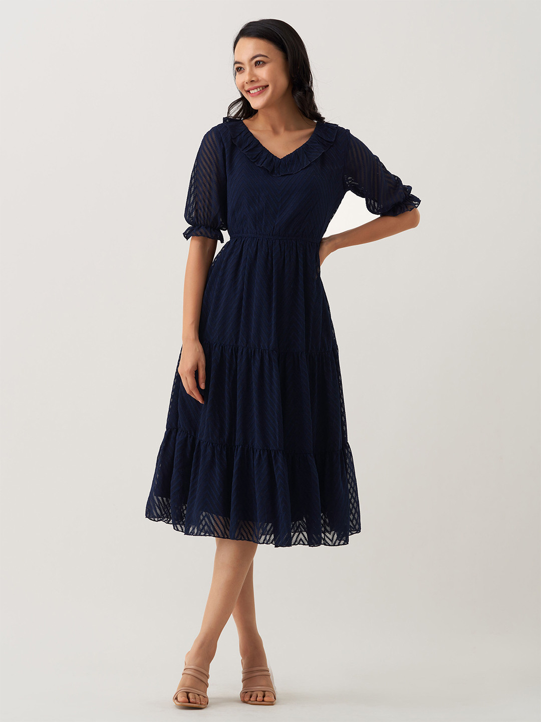 AASK Solid Navy Blue Self Design Ruffles Tiered Crepe Fit & Flare Midi Dress