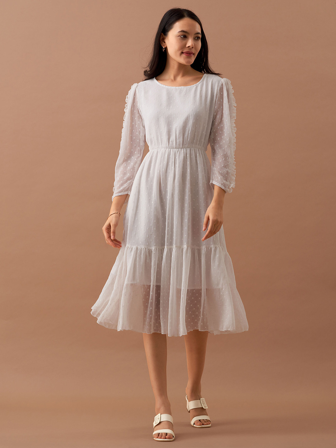 AASK Self Design Gathered Ruffled Crepe Fit and Flare Midi Dress