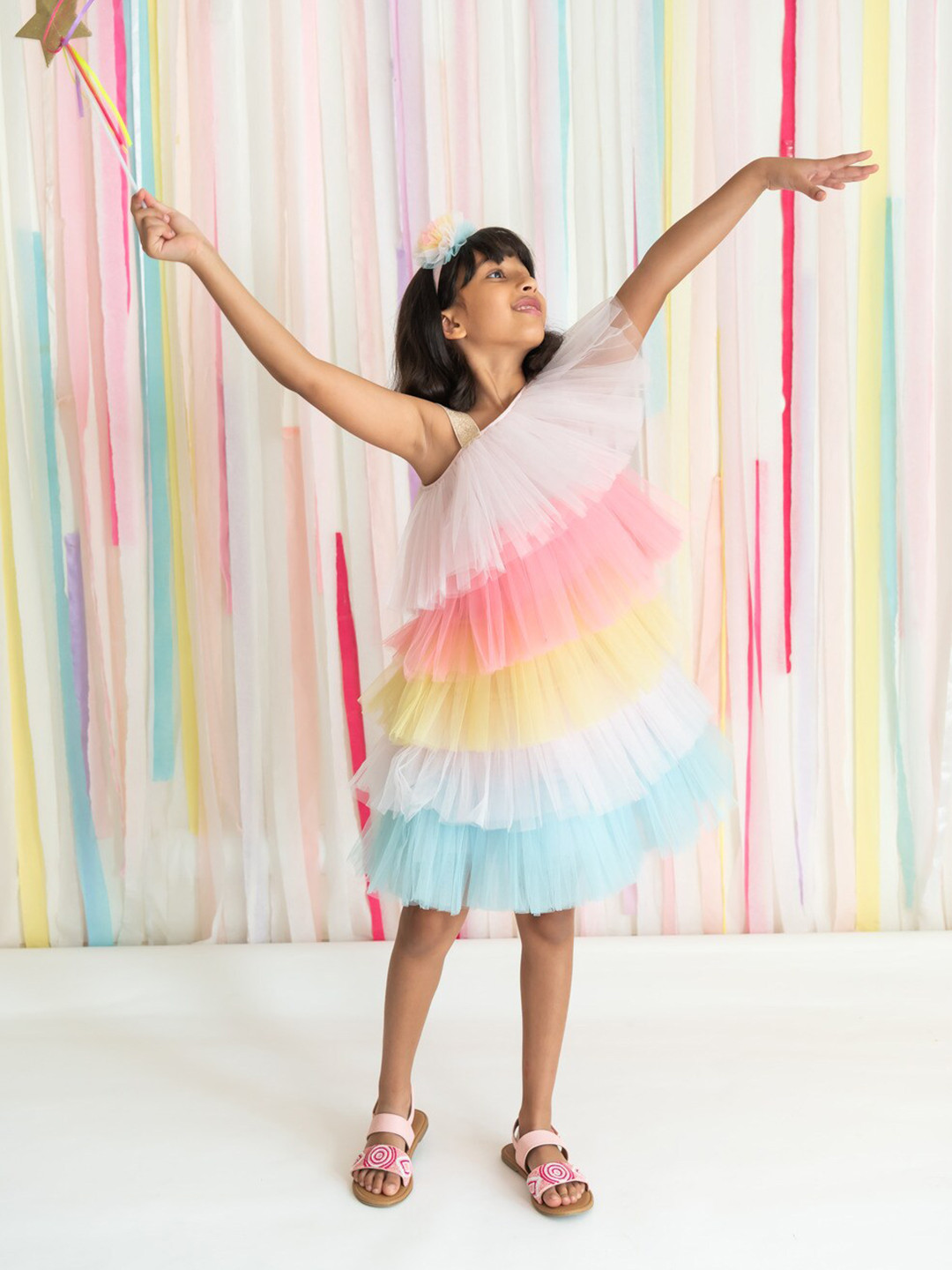 A Little Fable Colourblocked One Shoulder Net Layered A-Line Dress