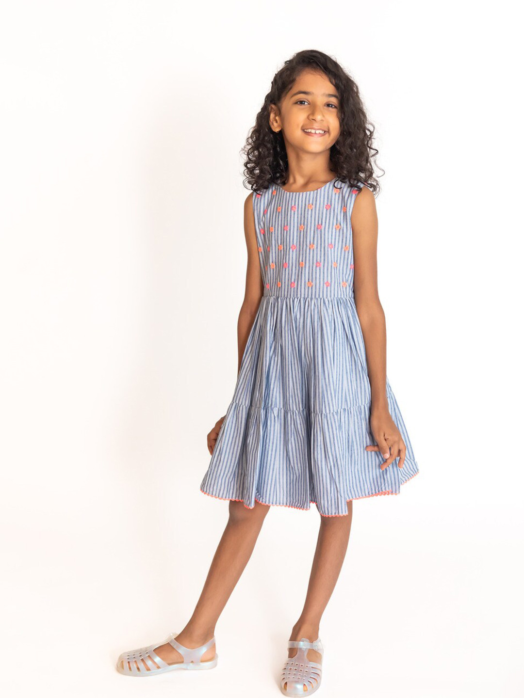 A Little Fable Girls Striped Gathered Cotton Fit & Flare Dress
