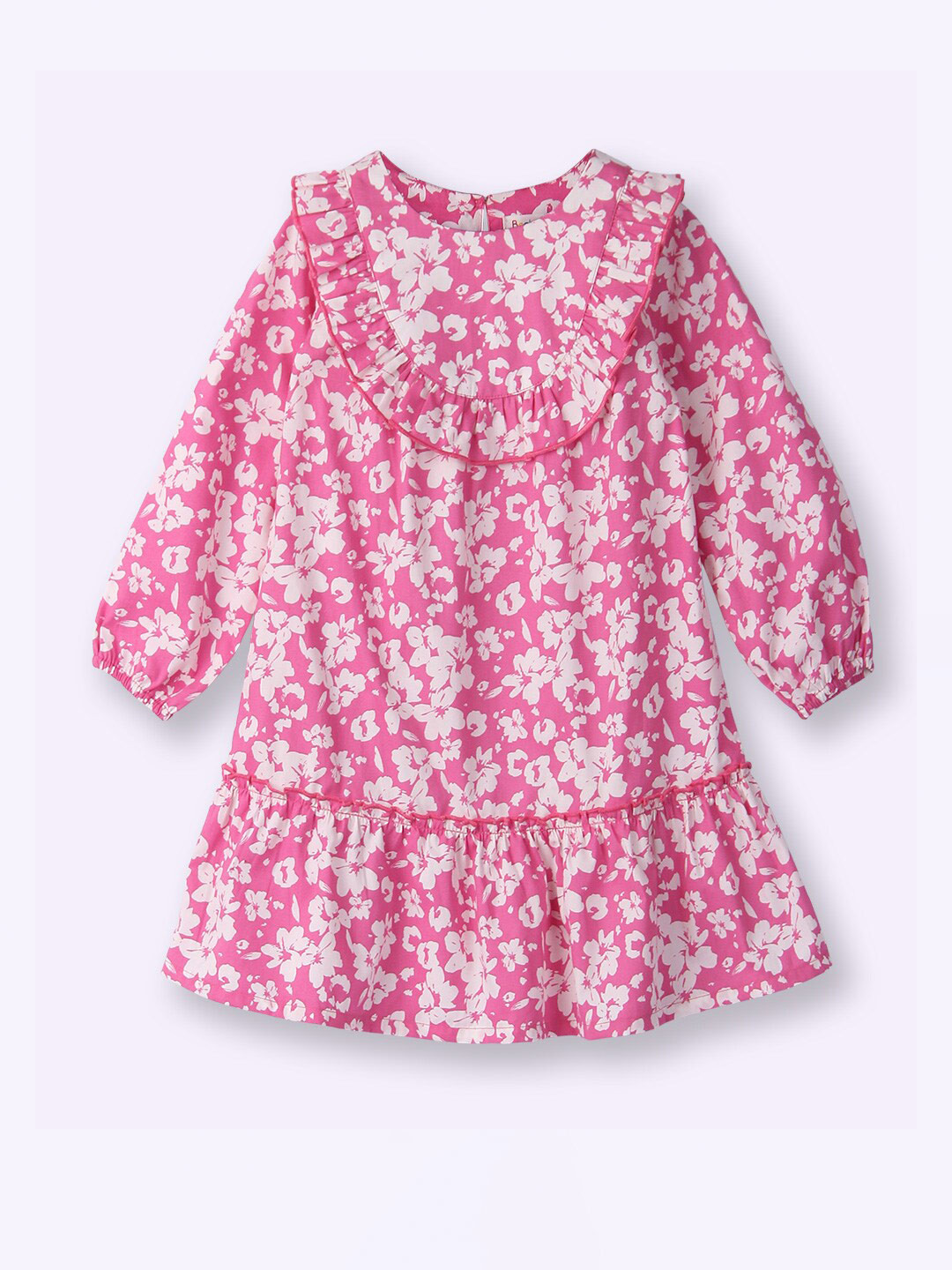 Beebay Girls Floral Printed Puff Sleeves Pleated Flounce Hem Cotton Drop-Waist Dress