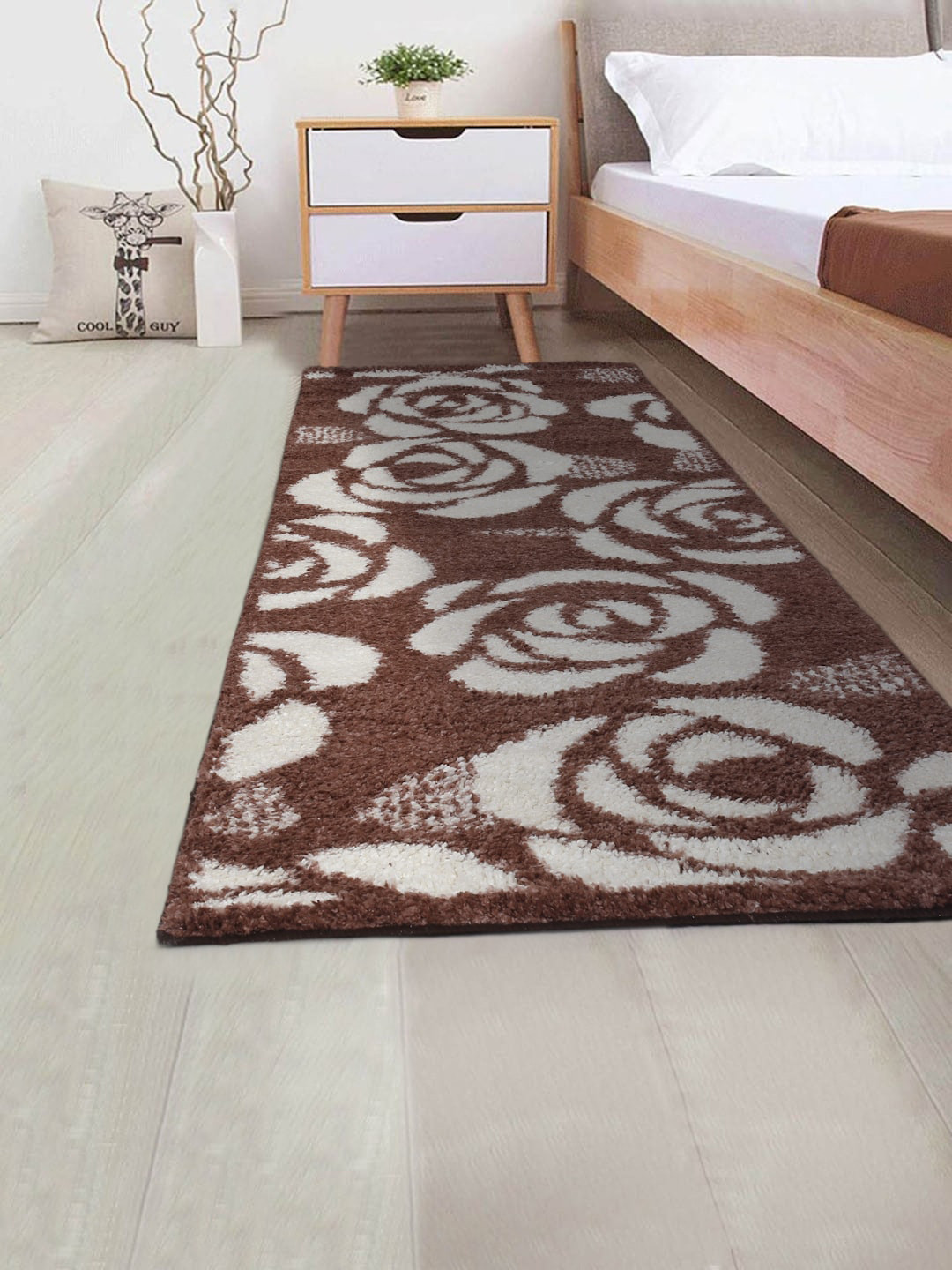 DREAM WEAVERZ Brown & White Floral Printed Bed Side Hand Tufted Runner