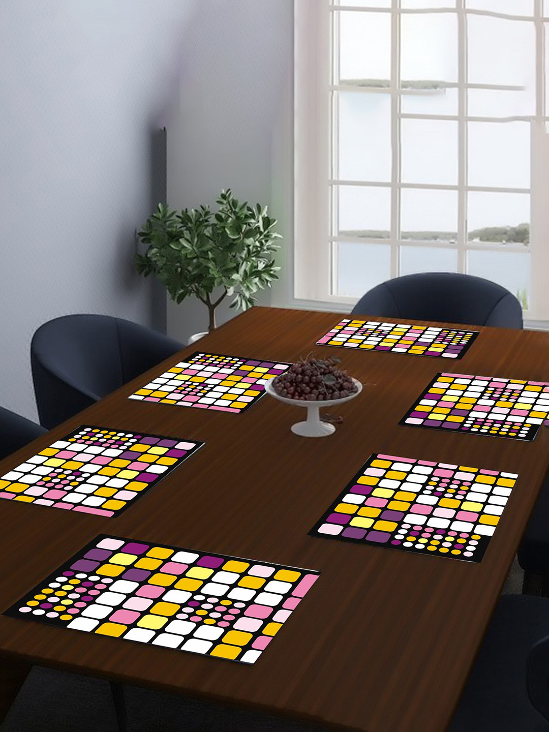 Dakshya Industries Yellow, White & Pink 6 Pieces Rectangular Table Placemats