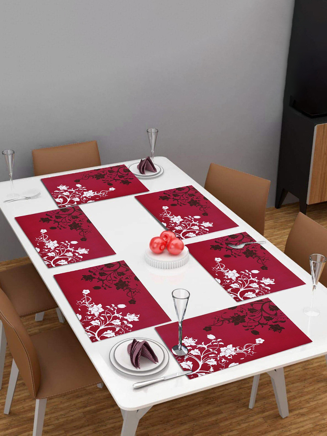 Dakshya Industries 6-Pcs Burgundy Floral Rectangular Table Placemats