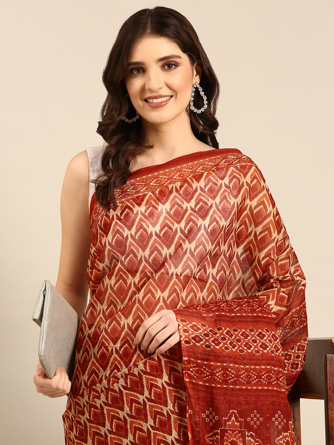 SHANVIKA Rust Pure Cotton Block Print Saree