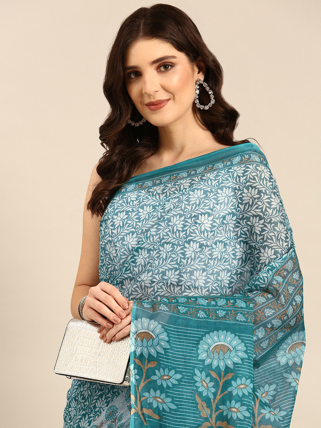 SHANVIKA Turquoise Blue Floral Pure Cotton Block Print Saree