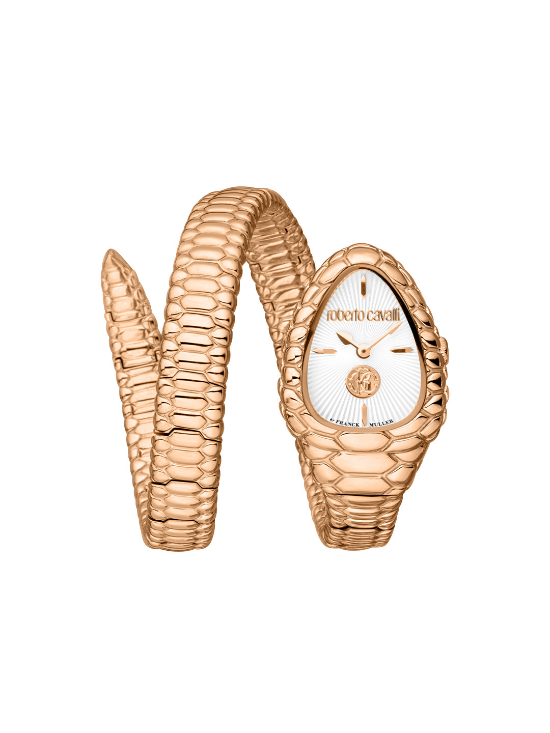 Roberto Cavalli by Franck Muller Women Silver-Toned Patterned Dial & Rose Gold Toned Stainless Steel Wrap Watch