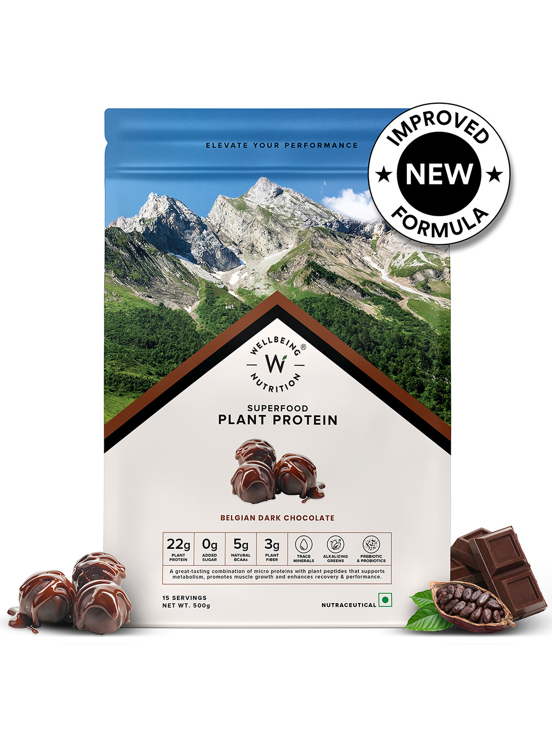 Wellbeing Nutrition Organic Vegan Protein Isolate 3B CFU Probiotics Dark Chocolate- 500g