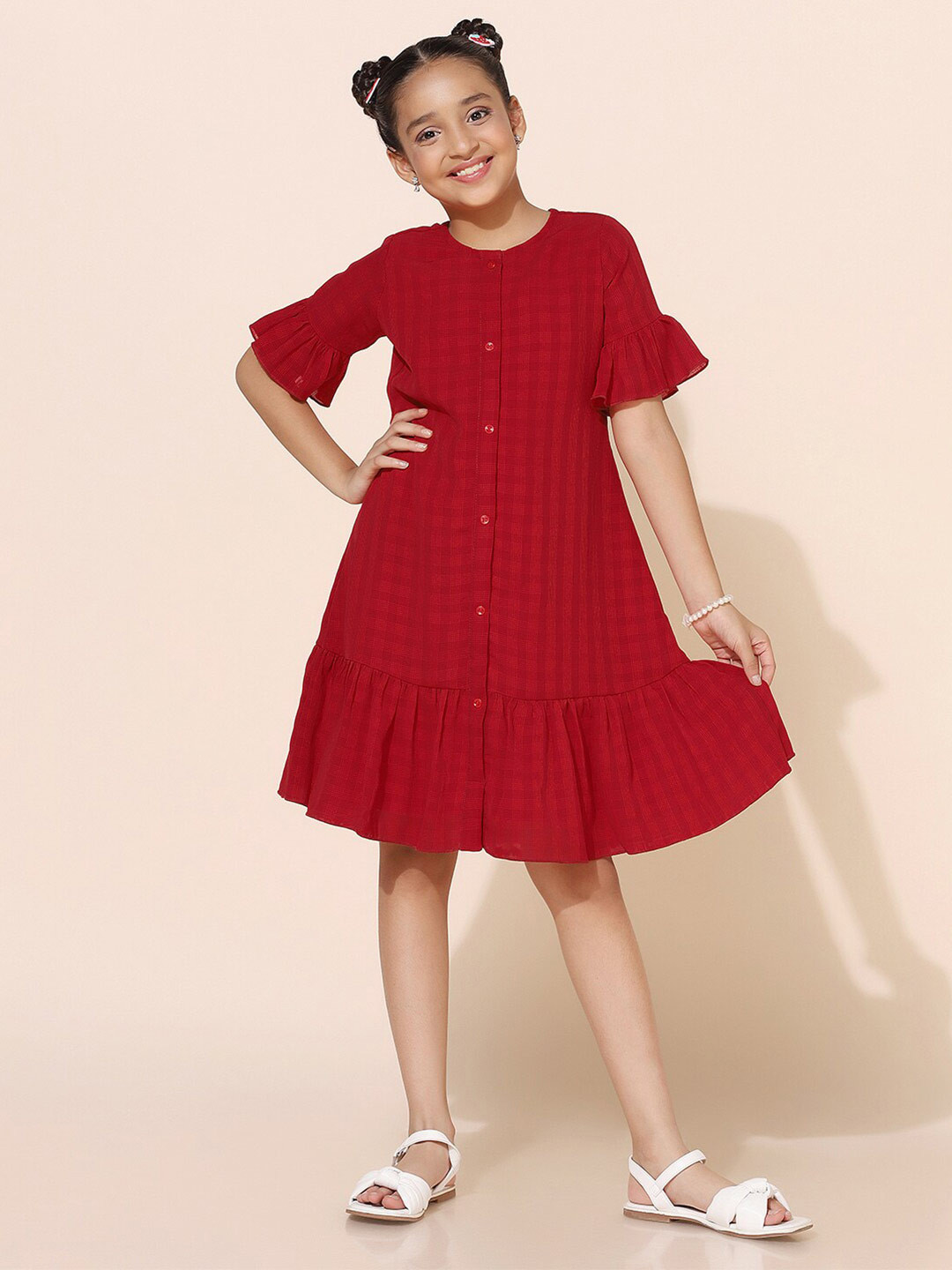 FASHION DREAM Girls Checked Round Neck Bell Sleeves Gathered Casual A-Line Dress