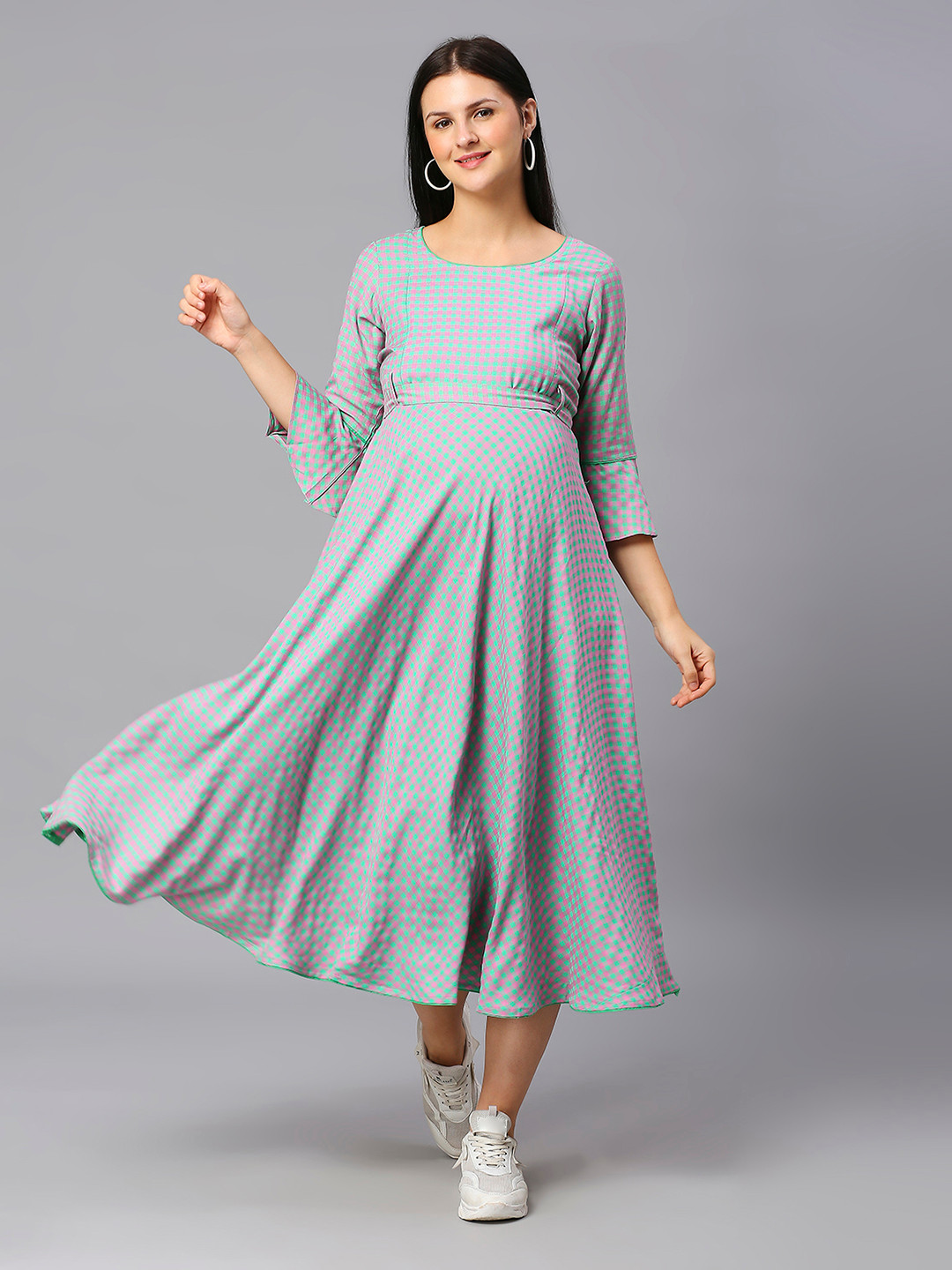 DUMMY SHAPE Checked Bell Sleeves Maternity Dress