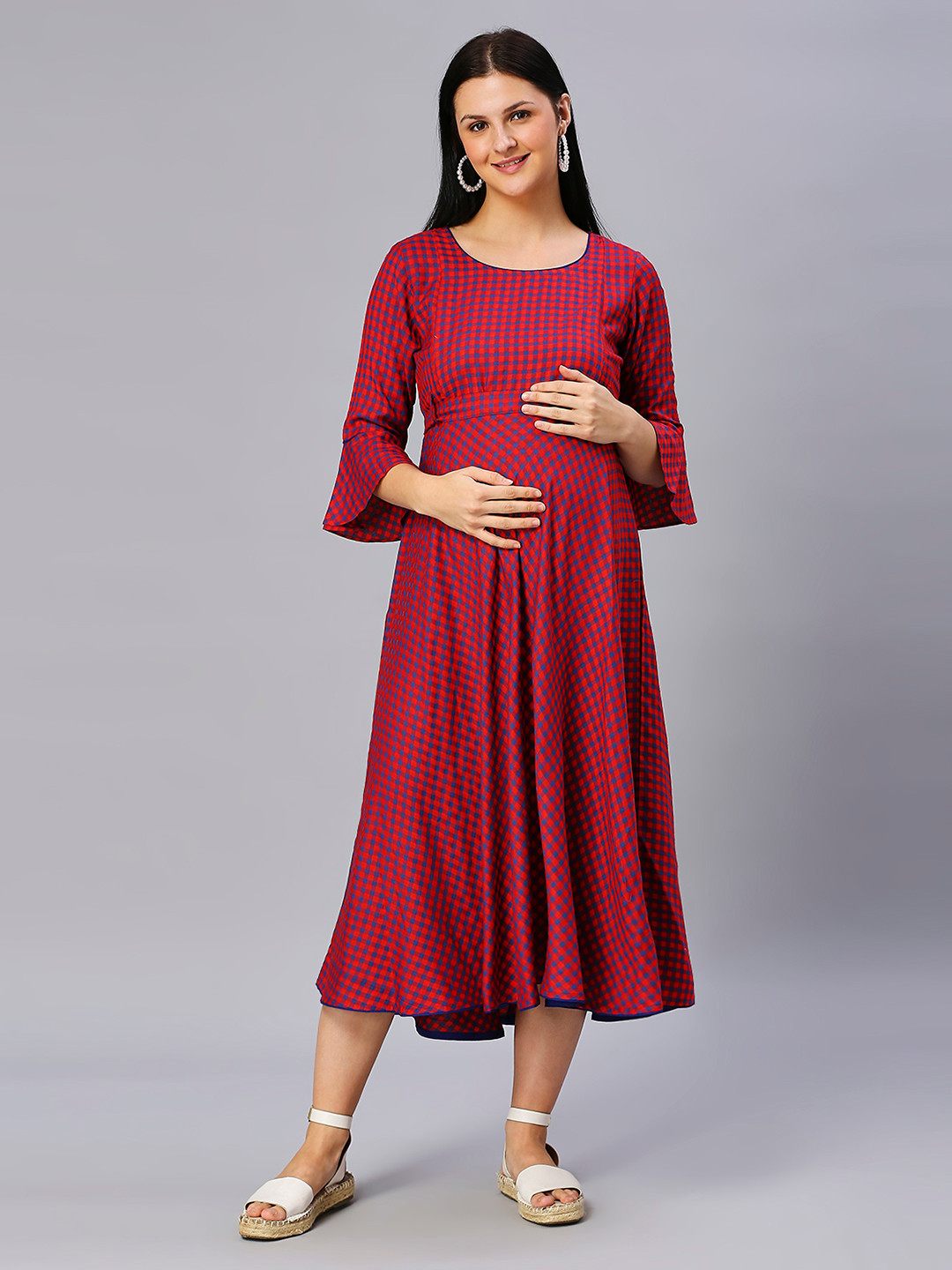 DUMMY SHAPE Checked Bell Sleeves Maternity Dress