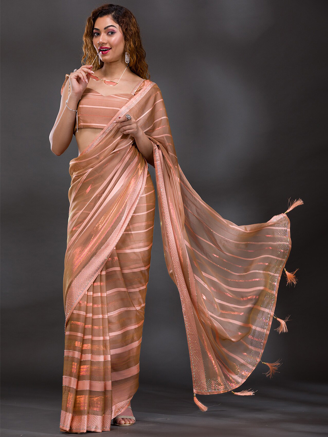 Koskii Striped Stones Poly Georgette Saree