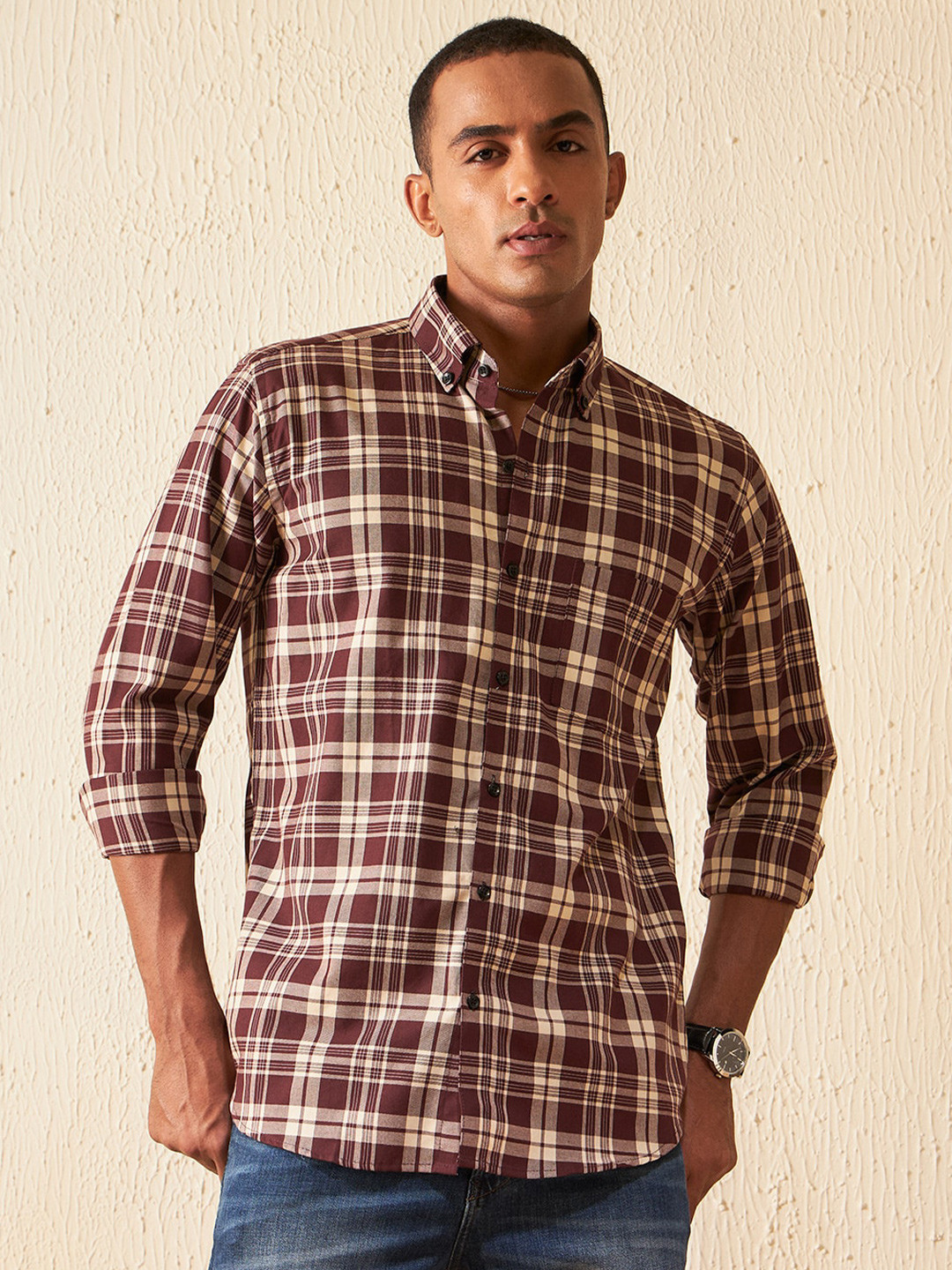 DENNISON Smart Tartan Checked Button-Down Collar Cotton Casual Shirt