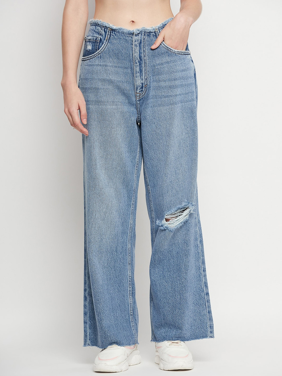 CAMLA Women Whiskers and Chevrons High-Rise Low Distress Light Fade Cotton Jeans