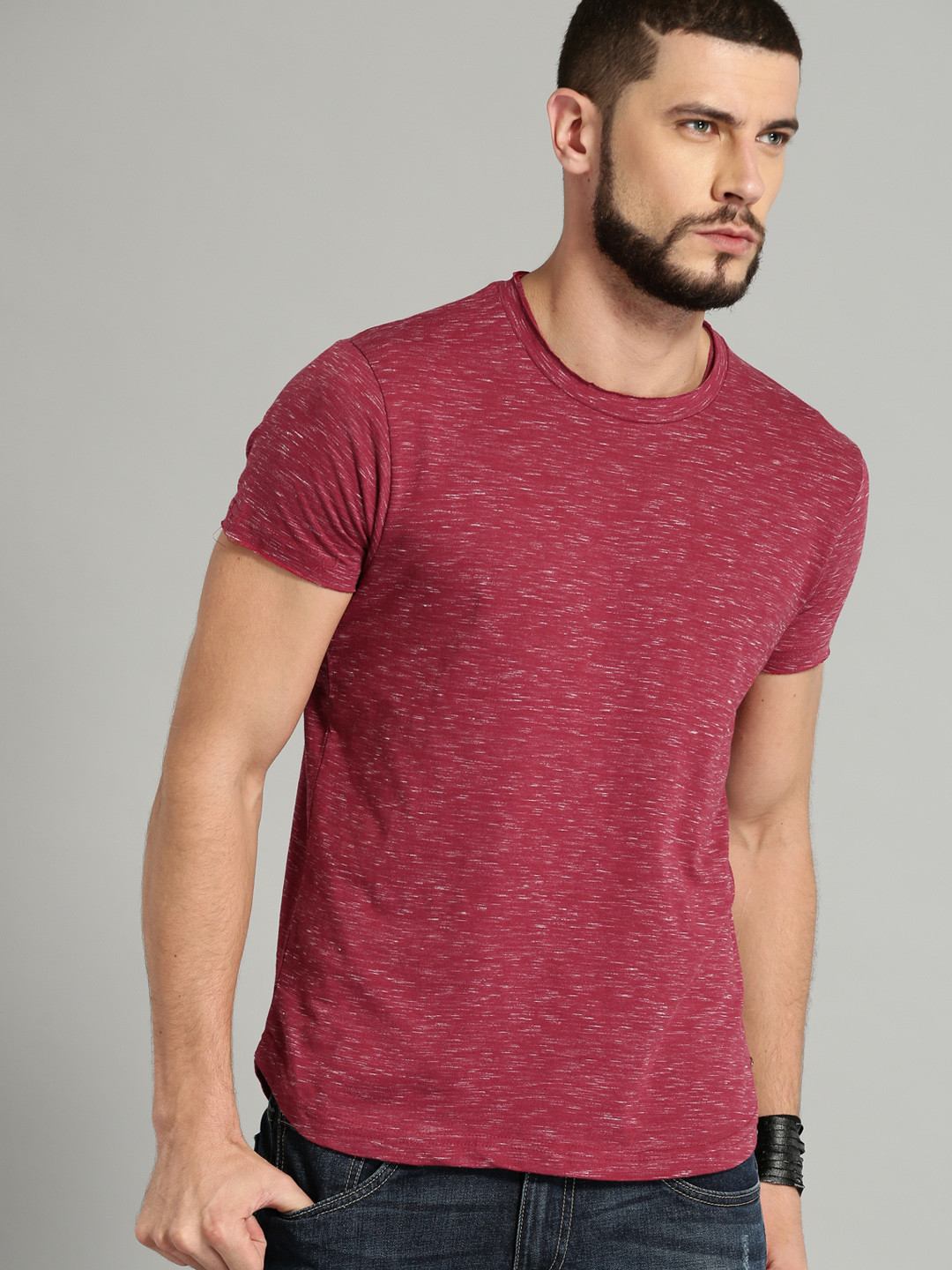 Buy Roadster Men Maroon Textured Slub 