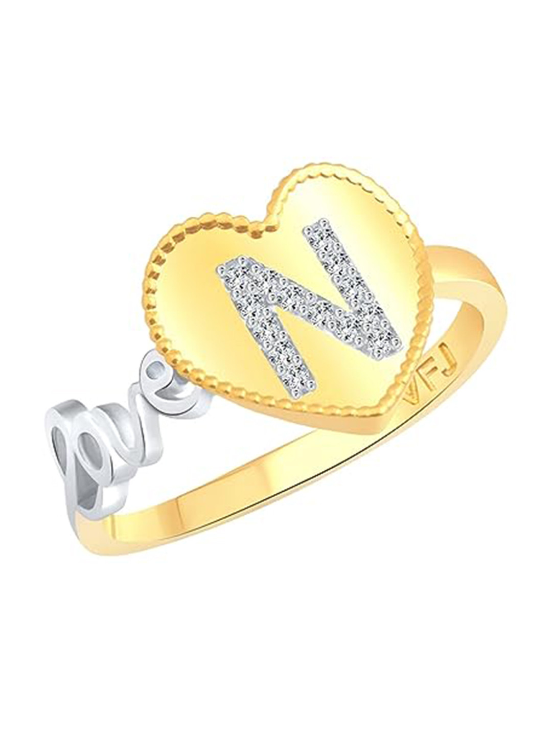 Vighnaharta Gold-Plated Cubic Zirconia Studded Love N Letter in Heart Finger Ring