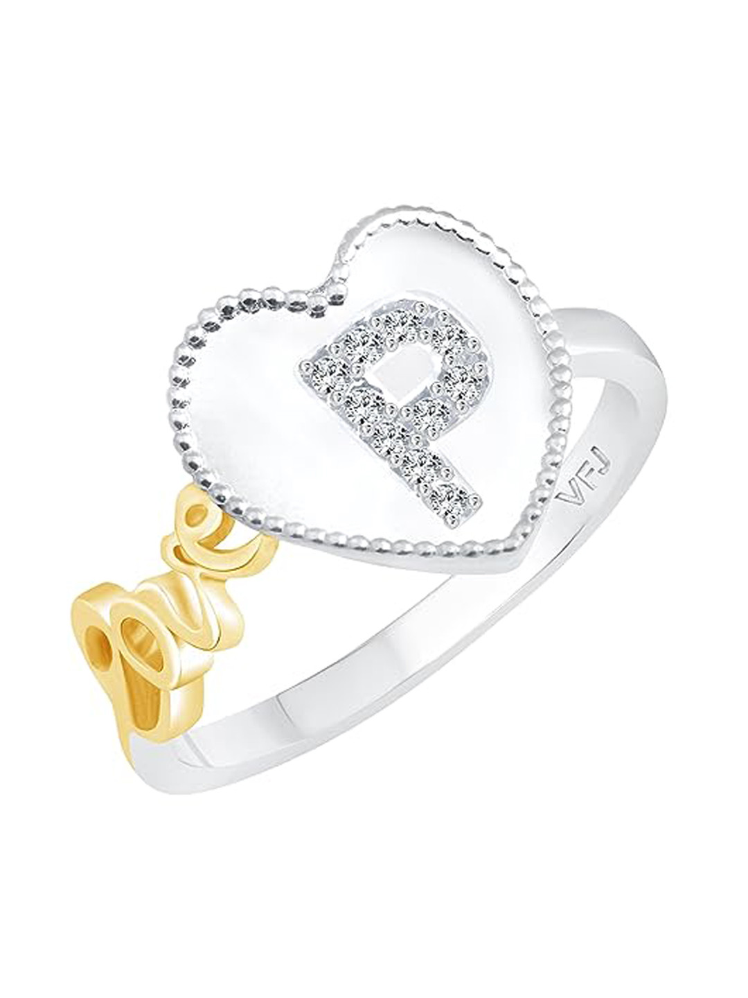Vighnaharta Rhodium-Plated Cubic Zirconia Studded Love P Alphabet in Heart Finger Ring