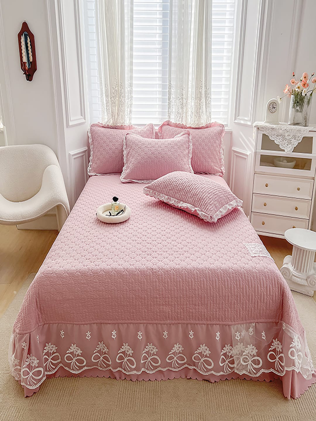 JC HOME Pink Textured 162TC Double Queen Bed Cover With Pillow Cover