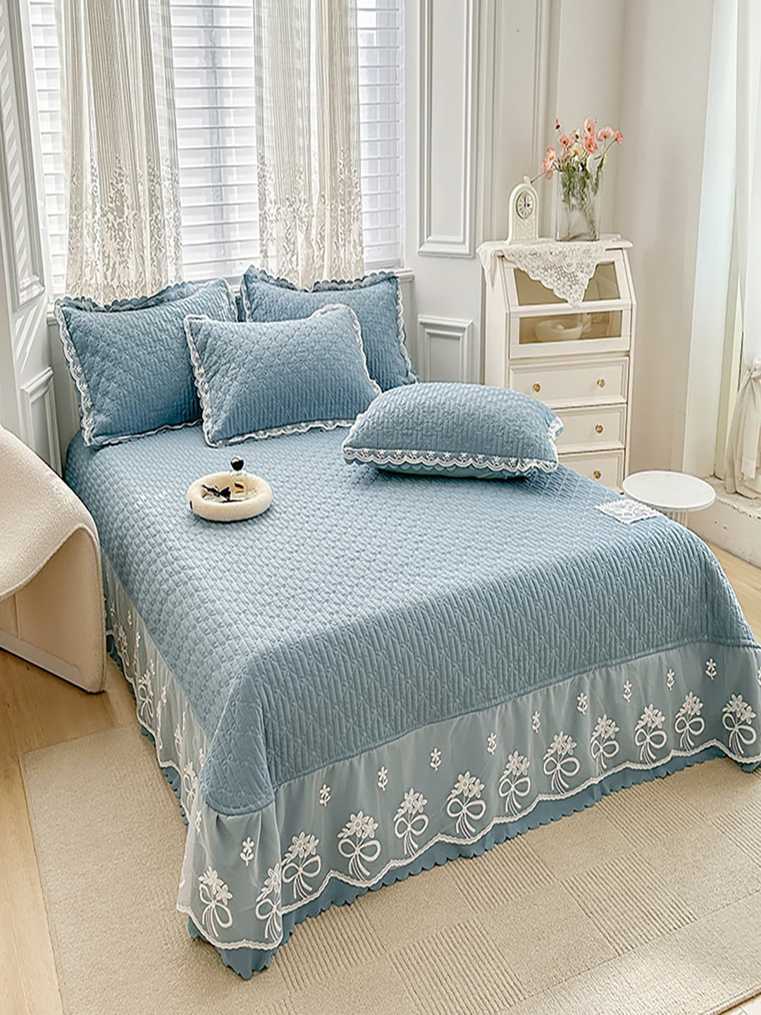 JC HOME Blue Textured 162TC Double King Bed Cover With 2 Pillow Cover