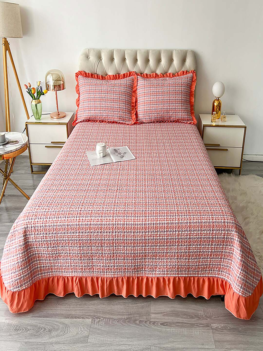 JC HOME Red  White Self Design 162 TC Single Bed Cover  2 Pillow Covers