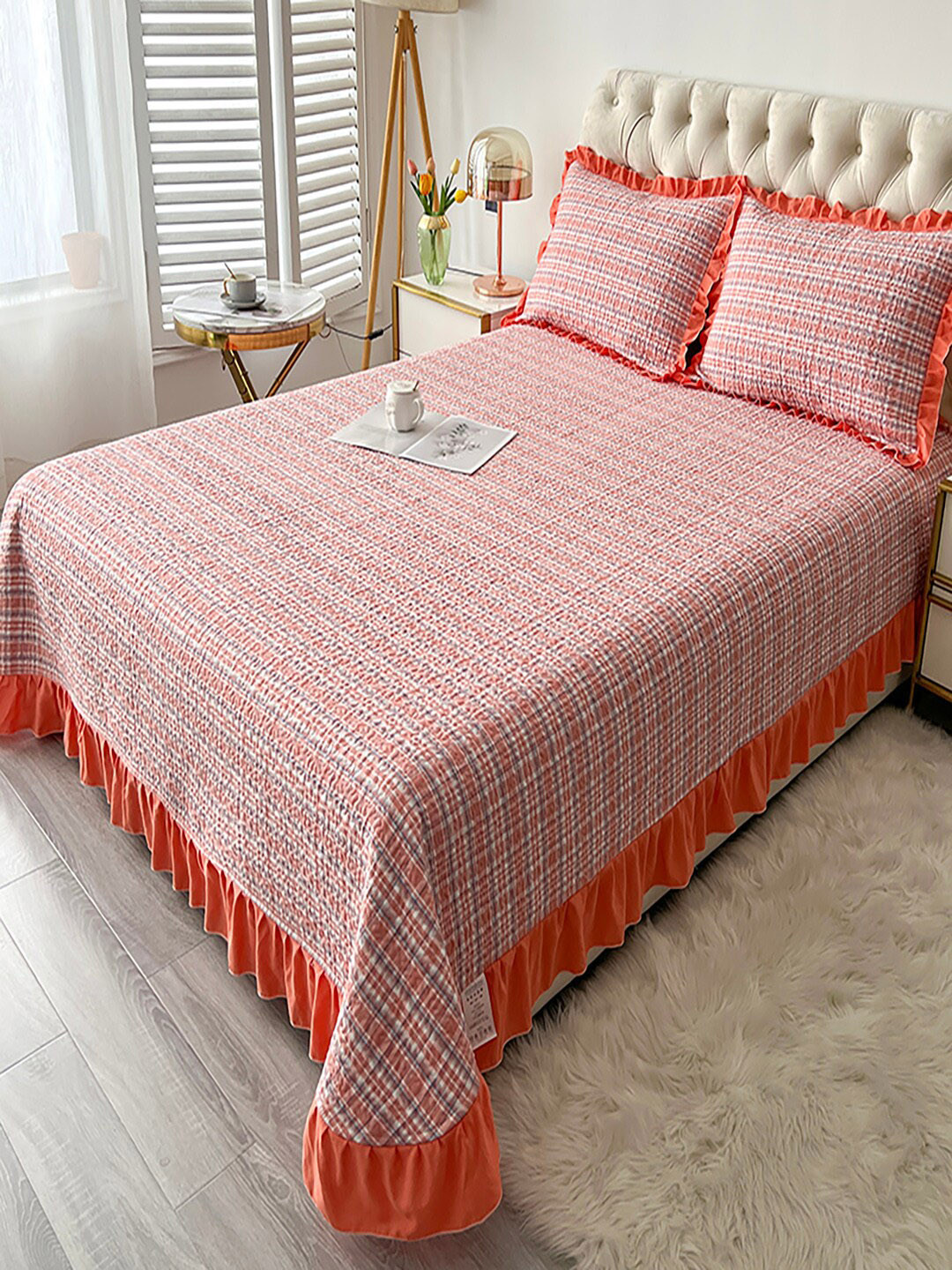 JC HOME Red & White Checked 162 TC Double Queen Bed Cover With Pillow Covers