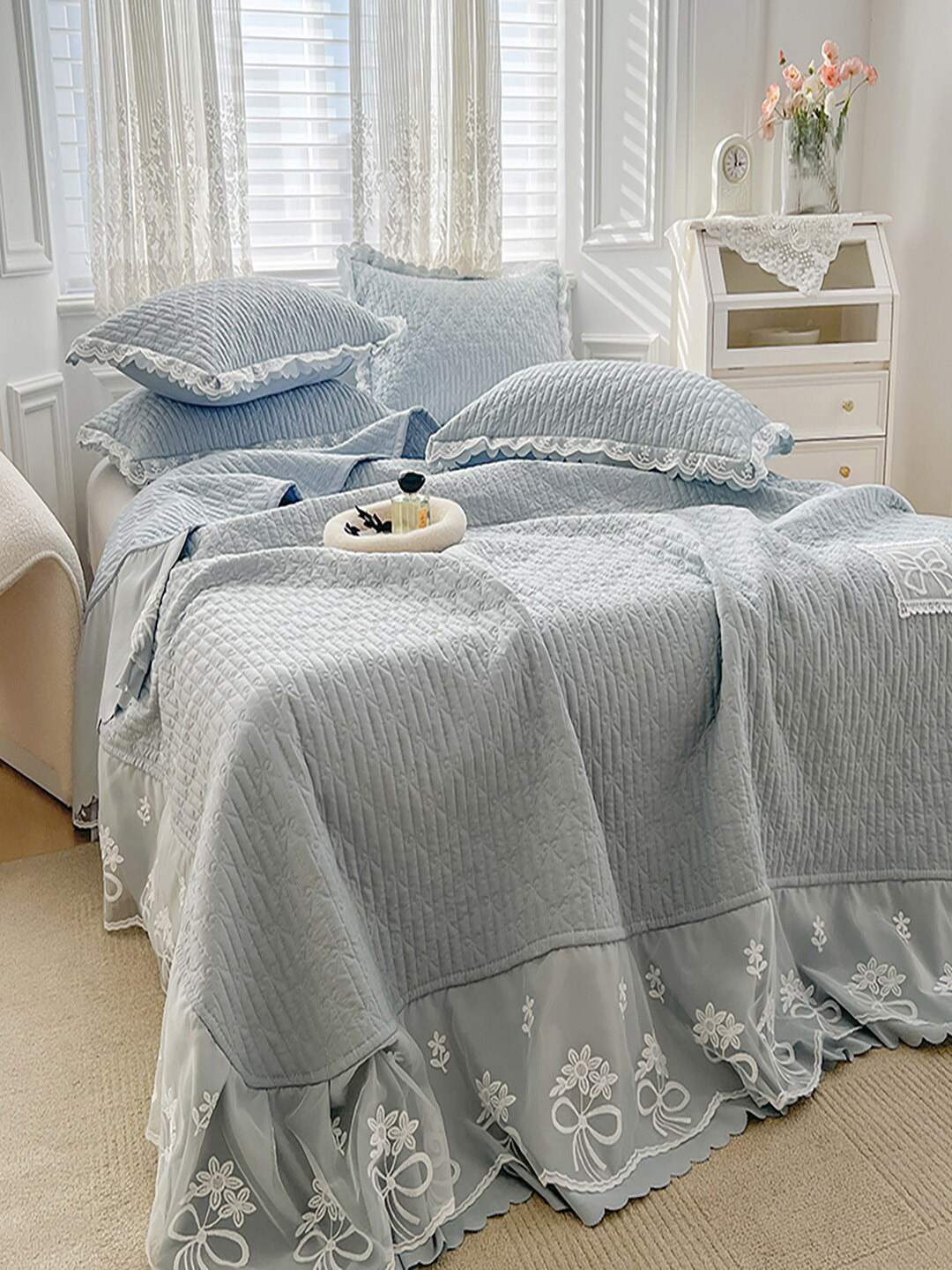 JC HOME Grey Embroidered 162 TC 1 Double Bed-Superking 1 Bed Cover & 2 Pillow Covers