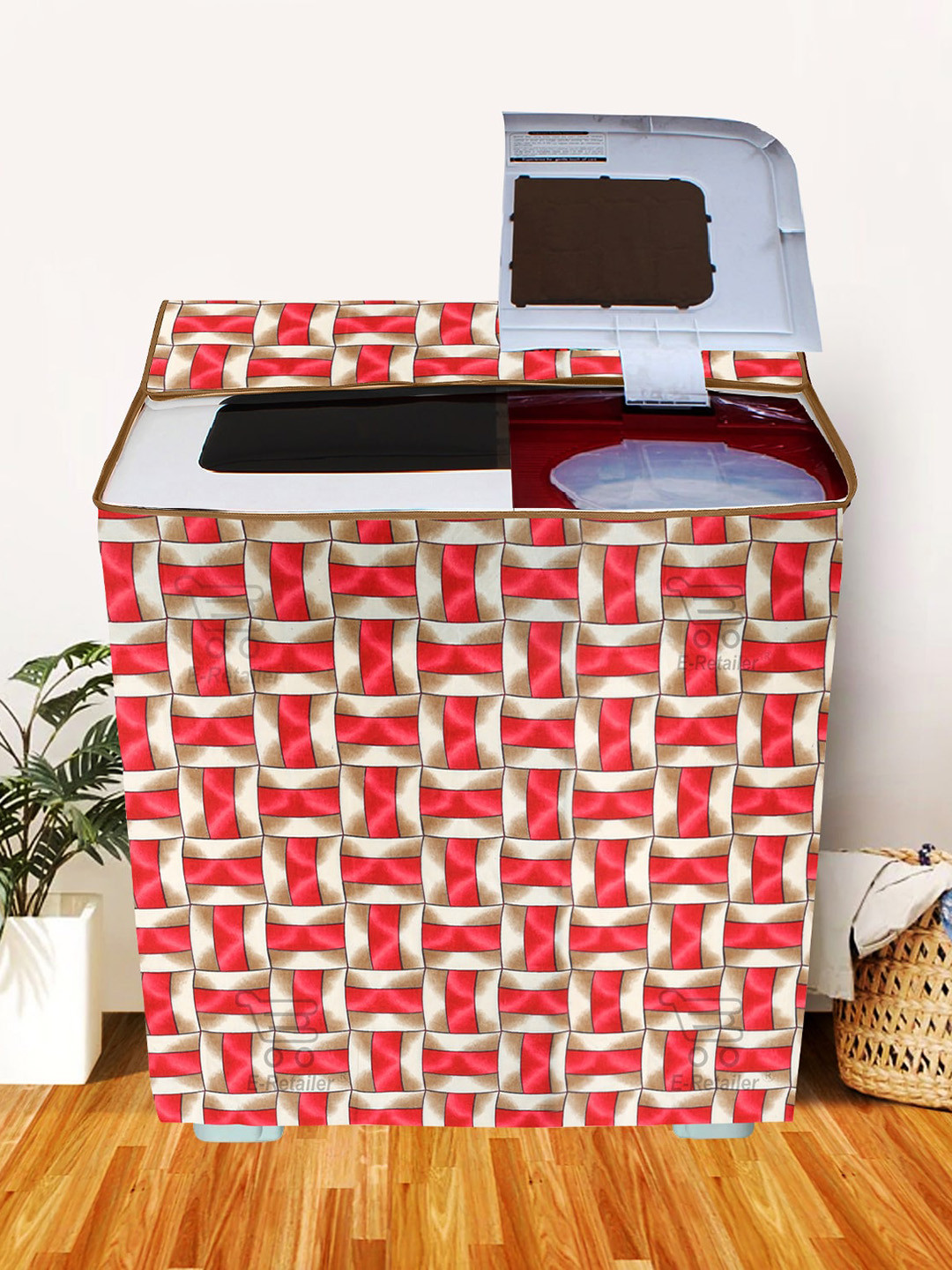 E-Retailer Red & Grey Printed Washing Machine Cover